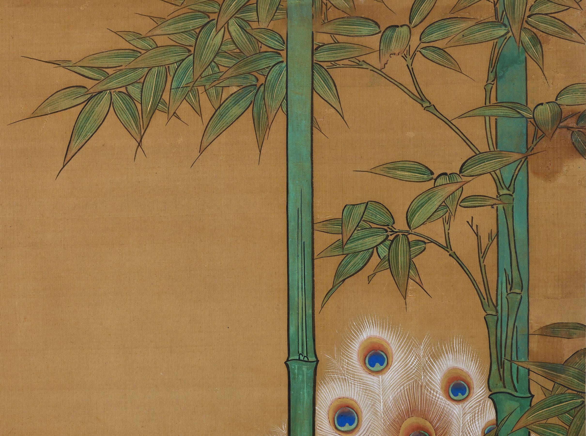 Edo 19th Century Japanese Silk Painting by Kano Chikanobu, Peacock & Bamboo