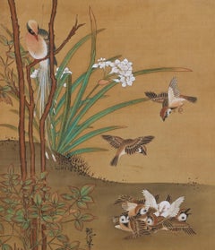 19th Century Japanese Silk Painting by Kano Chikanobu, Sparrows & Nandina