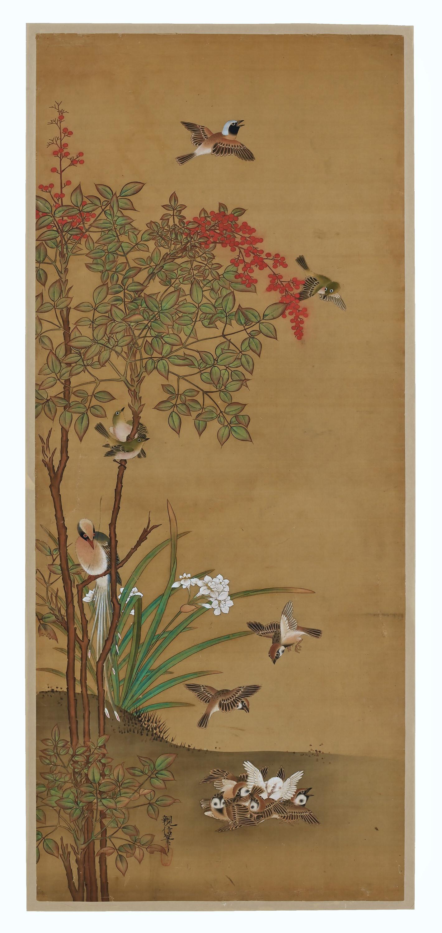 Edo 19th Century Japanese Silk Painting by Kano Chikanobu, Sparrows & Nandina For Sale