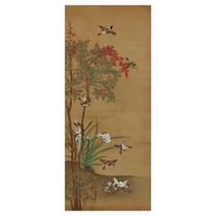 19th Century Japanese Silk Painting by Kano Chikanobu, Sparrows & Nandina