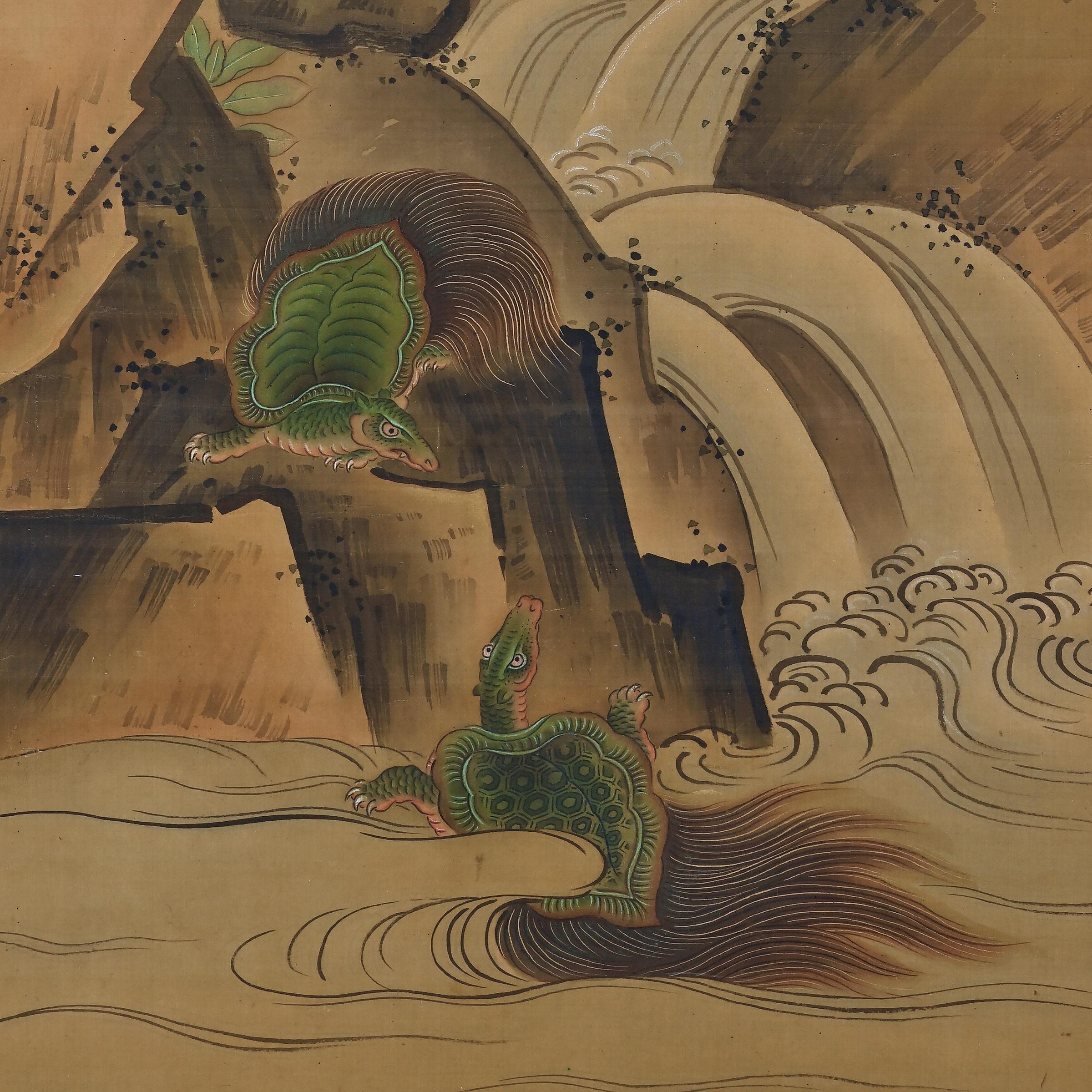 Edo 19th Century Japanese Silk Painting by Kano Chikanobu, Turtles & Azalea For Sale