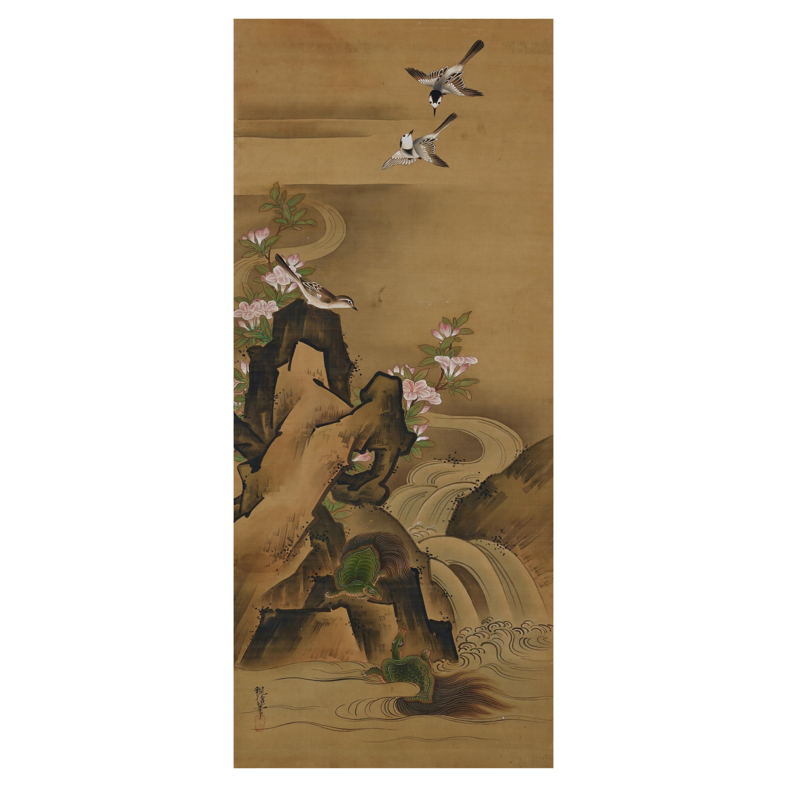 Japanisches Seidengemälde des 19. Jahrhunderts von Kano Chikanobu, Turtles & Azalea