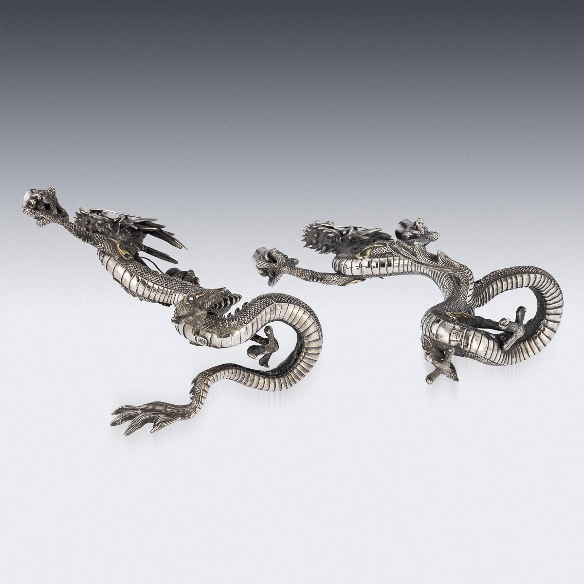 19th Century Japanese Solid Silver Dragon Candelabras, Yoshimune, C.1890 In Good Condition In Royal Tunbridge Wells, Kent