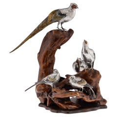 19th Century Japanese Solid Silver & Enamel Models Of Pheasants On Stand c.1890