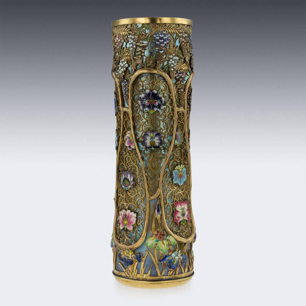 Meiji 19th Century Japanese Solid Silver-Gilt and Enamel, Loetz Vase, G.T Marsh