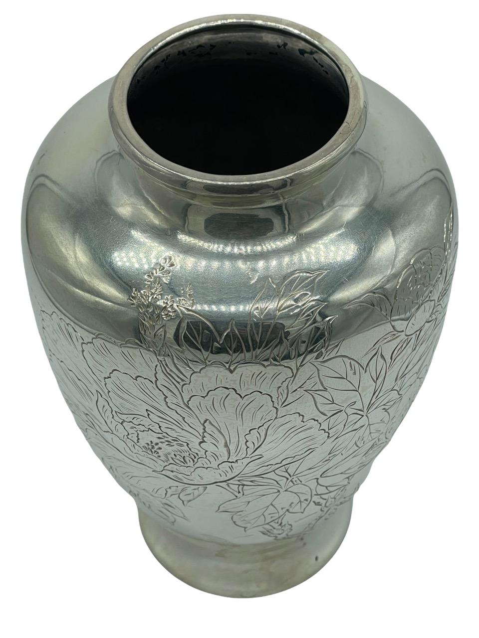 Engraved 19th Century Japanese Sterling Silver Vase