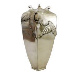 19th Century Japanese Style Bat Vase Cast in Bronze, Antique Silver Plated