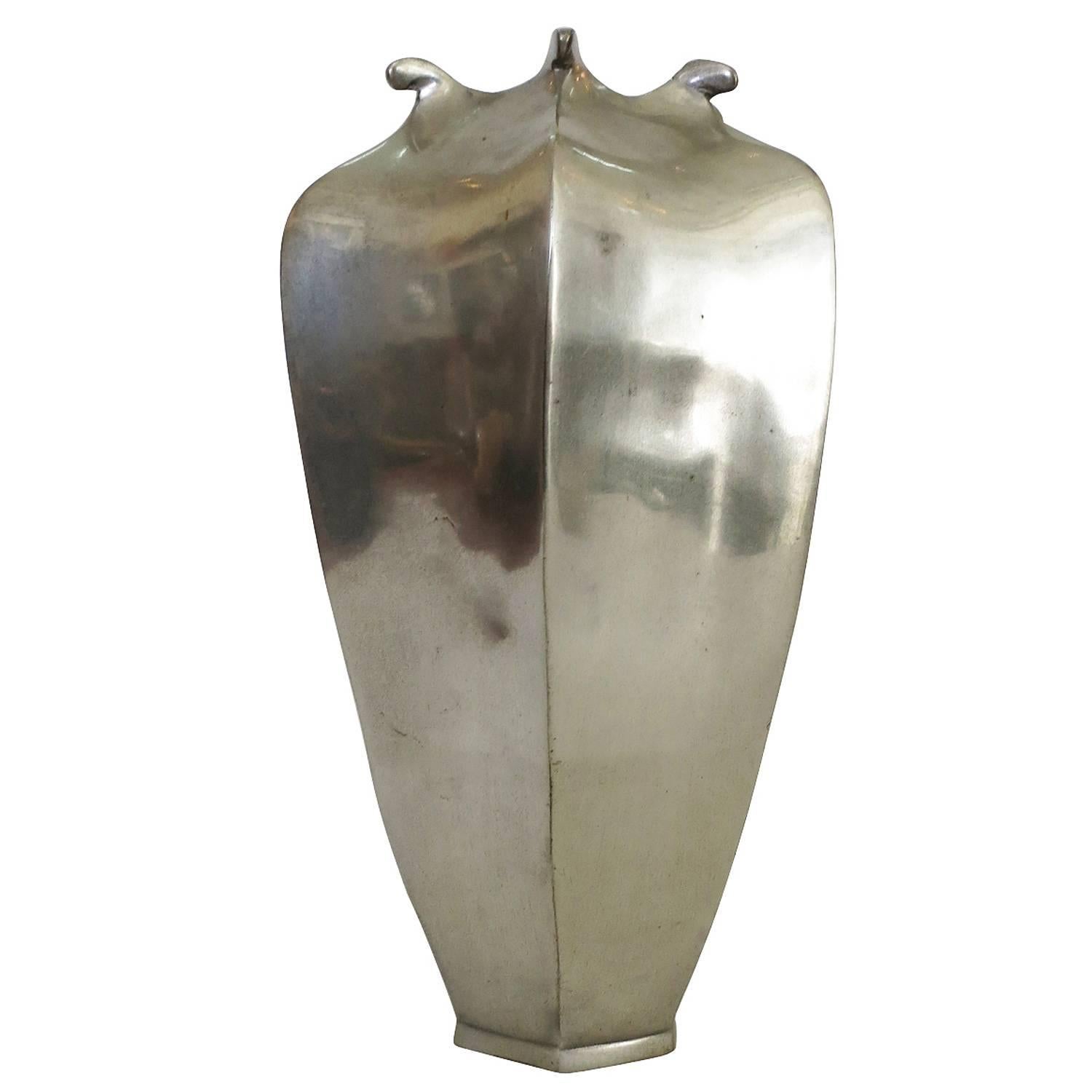 Art Nouveau 19th Century Japanese Style Bat Vase Cast in Bronze, Antique Silver Plated