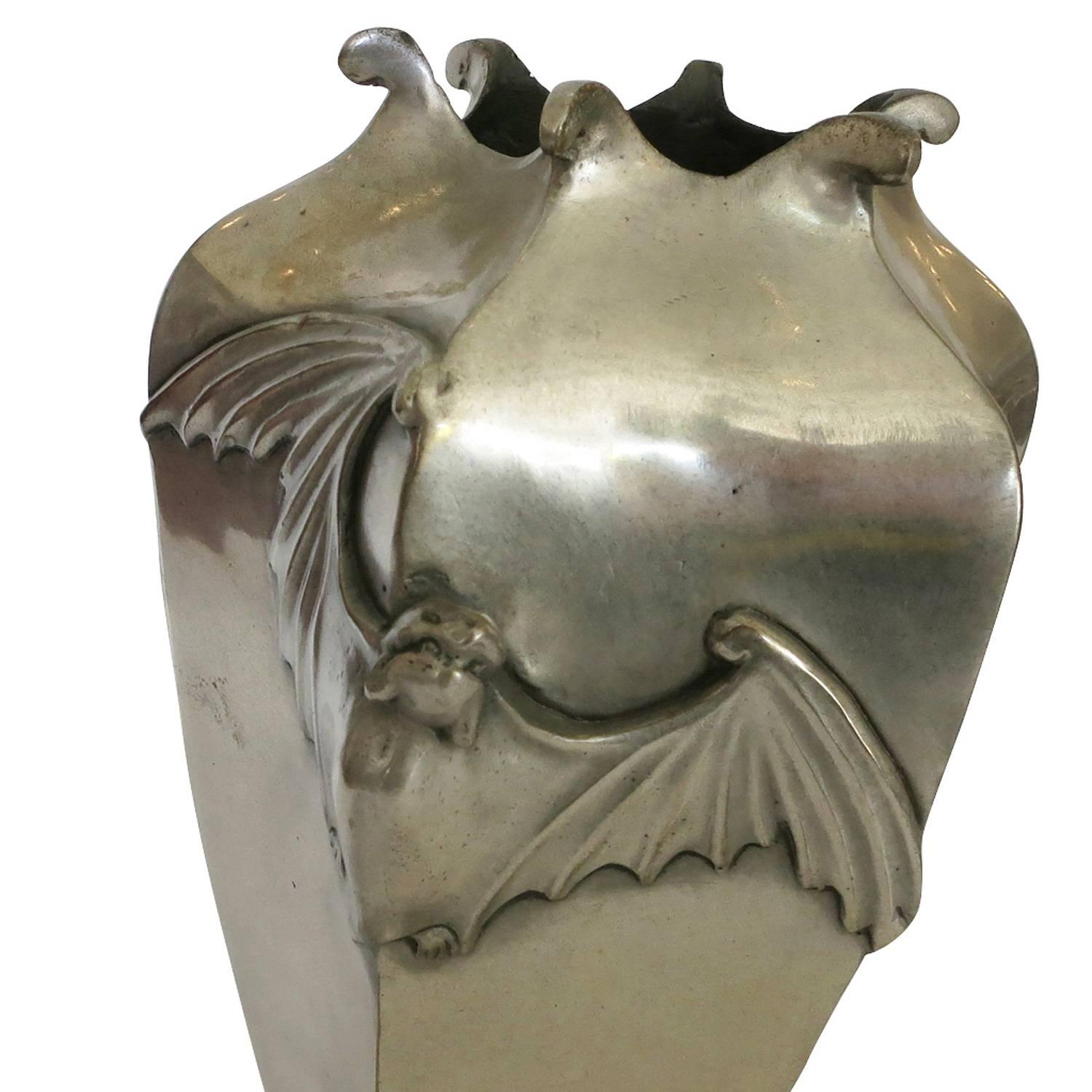 American 19th Century Japanese Style Bat Vase Cast in Bronze, Antique Silver Plated