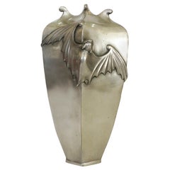 19th Century Japanese Style Bat Vase Cast in Bronze, Antique Silver Plated