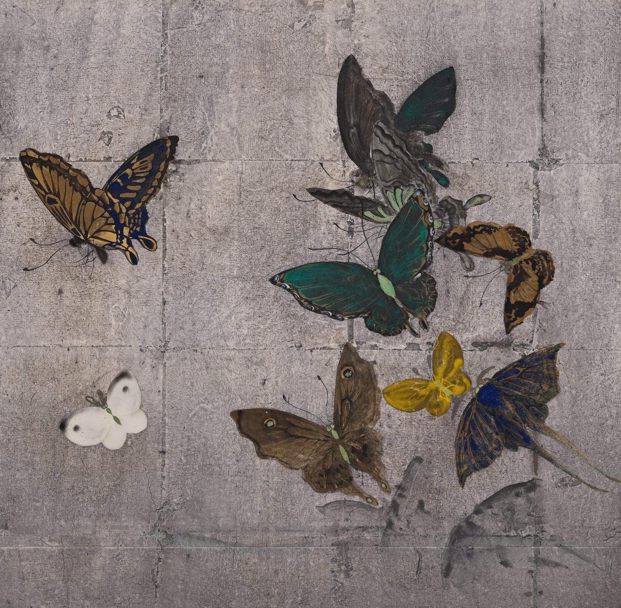 One hundred butterflies

Mori Kansai (1814-1894)

Two-fold Japanese tea-ceremony screen

Ink, gofun, pigment and silver leaf on paper.

Dimensions:

W. 184 cm x H. 59 cm (72.5” x 23”)

Presented here is a Japanese tea-ceremony screen