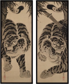 19th Century Japanese Tiger Painting Pair by Kokuho Shimei (1789–1859)