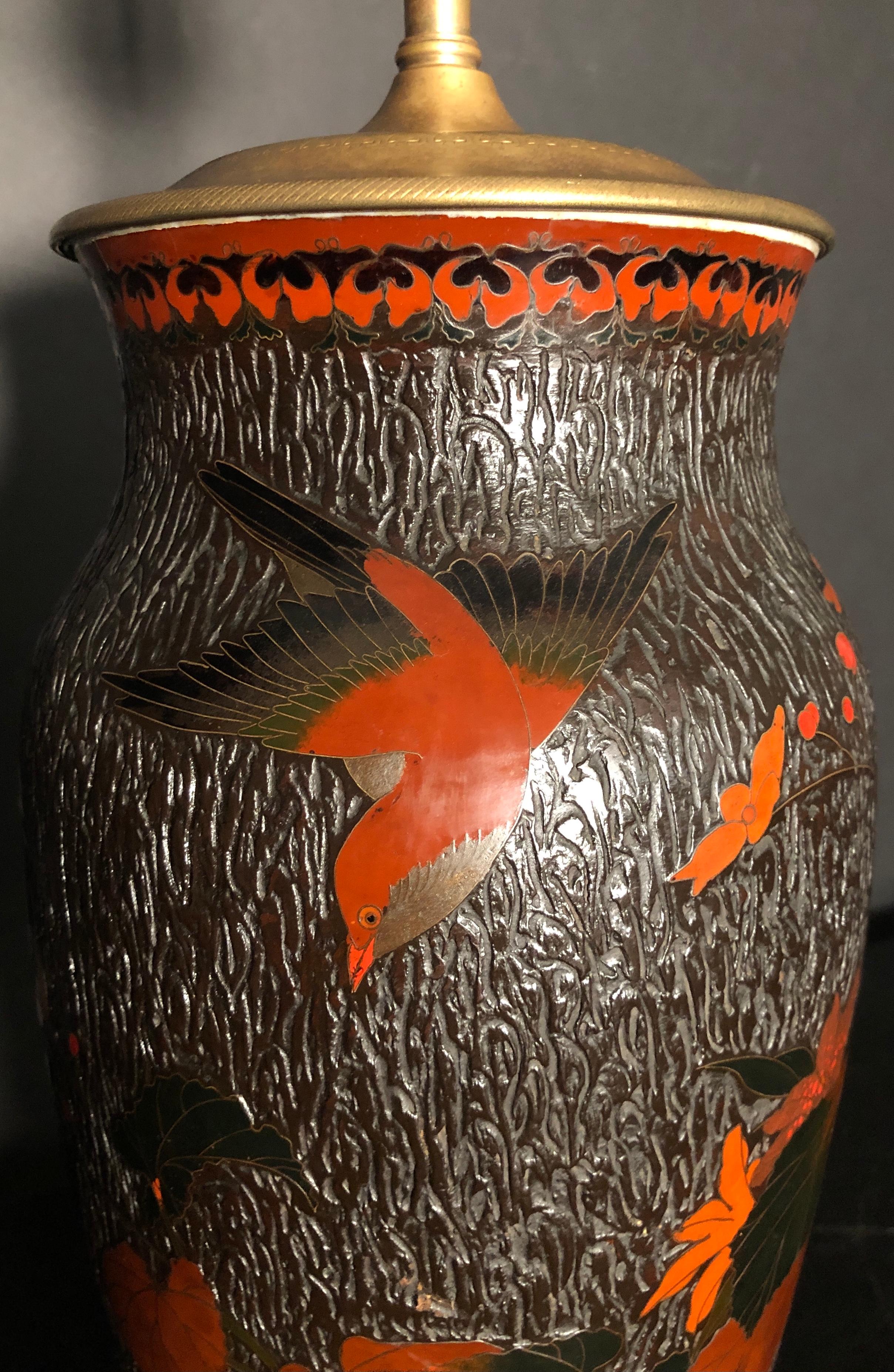 Japanese Meiji Cloisonné Totai Shippo Tree Bark Vase As Lamp In Good Condition For Sale In Norwood, NJ