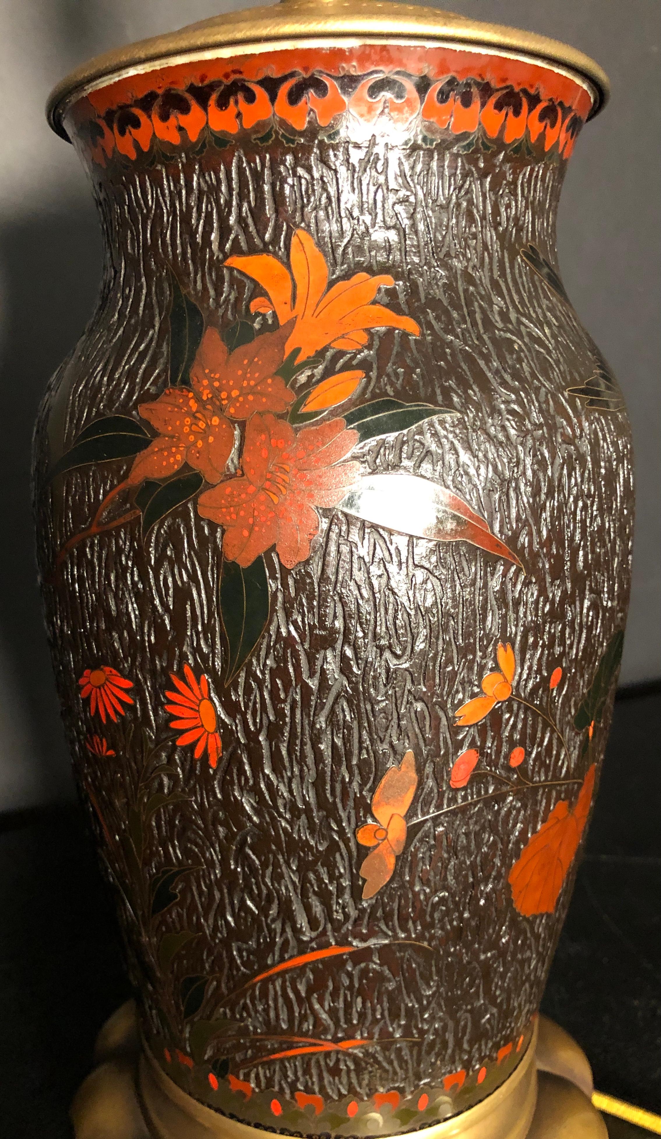 19th Century Japanese Meiji Cloisonné Totai Shippo Tree Bark Vase As Lamp For Sale