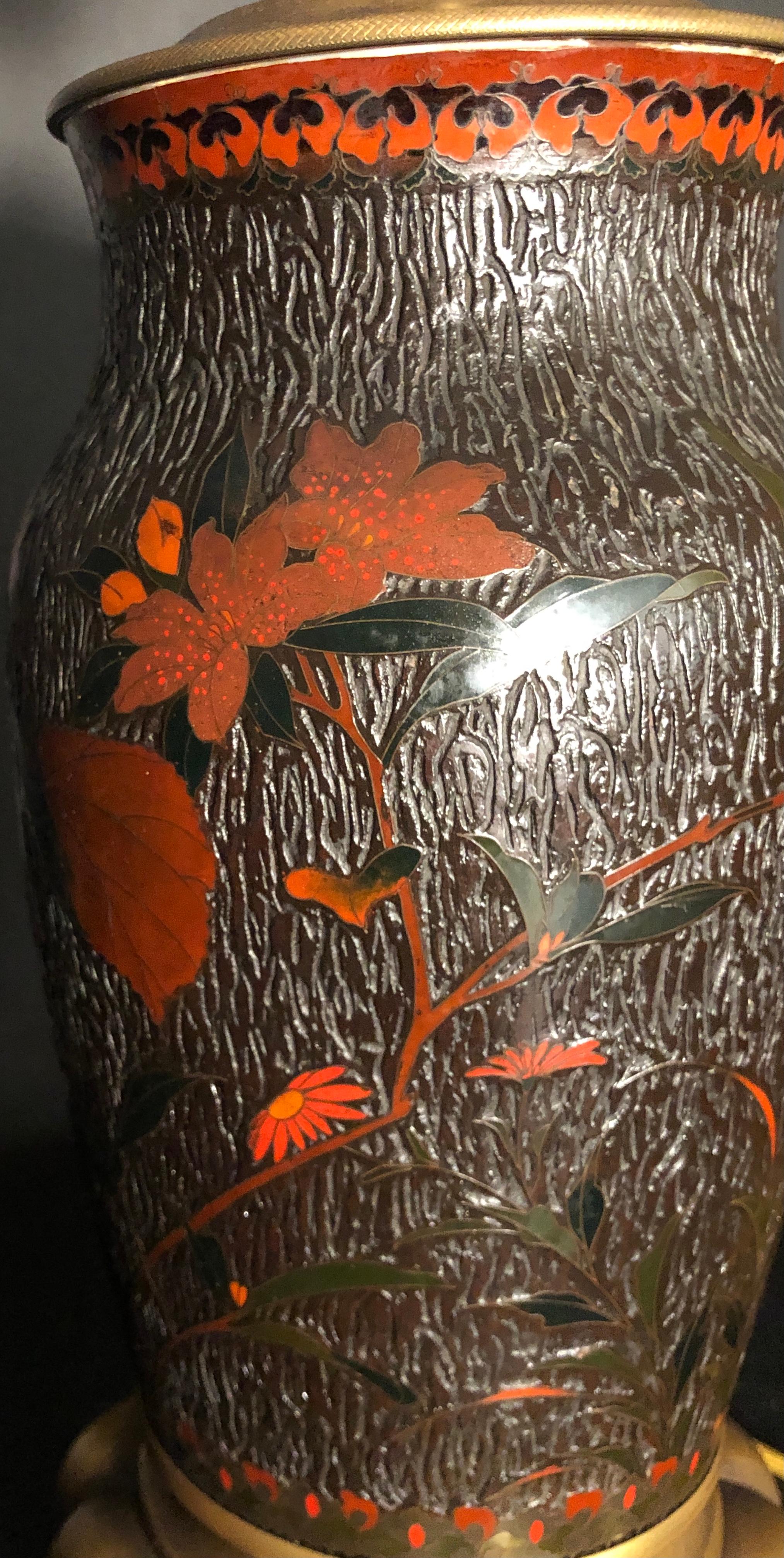Enamel Japanese Meiji Cloisonné Totai Shippo Tree Bark Vase As Lamp For Sale
