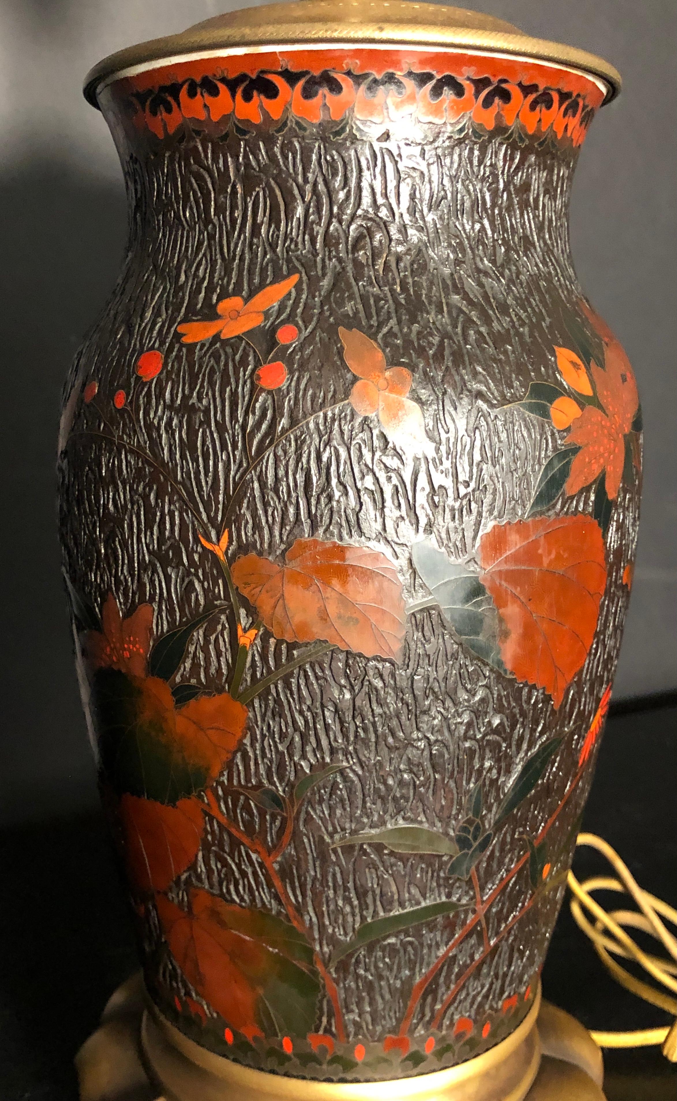 Japanese Meiji Cloisonné Totai Shippo Tree Bark Vase As Lamp For Sale 1