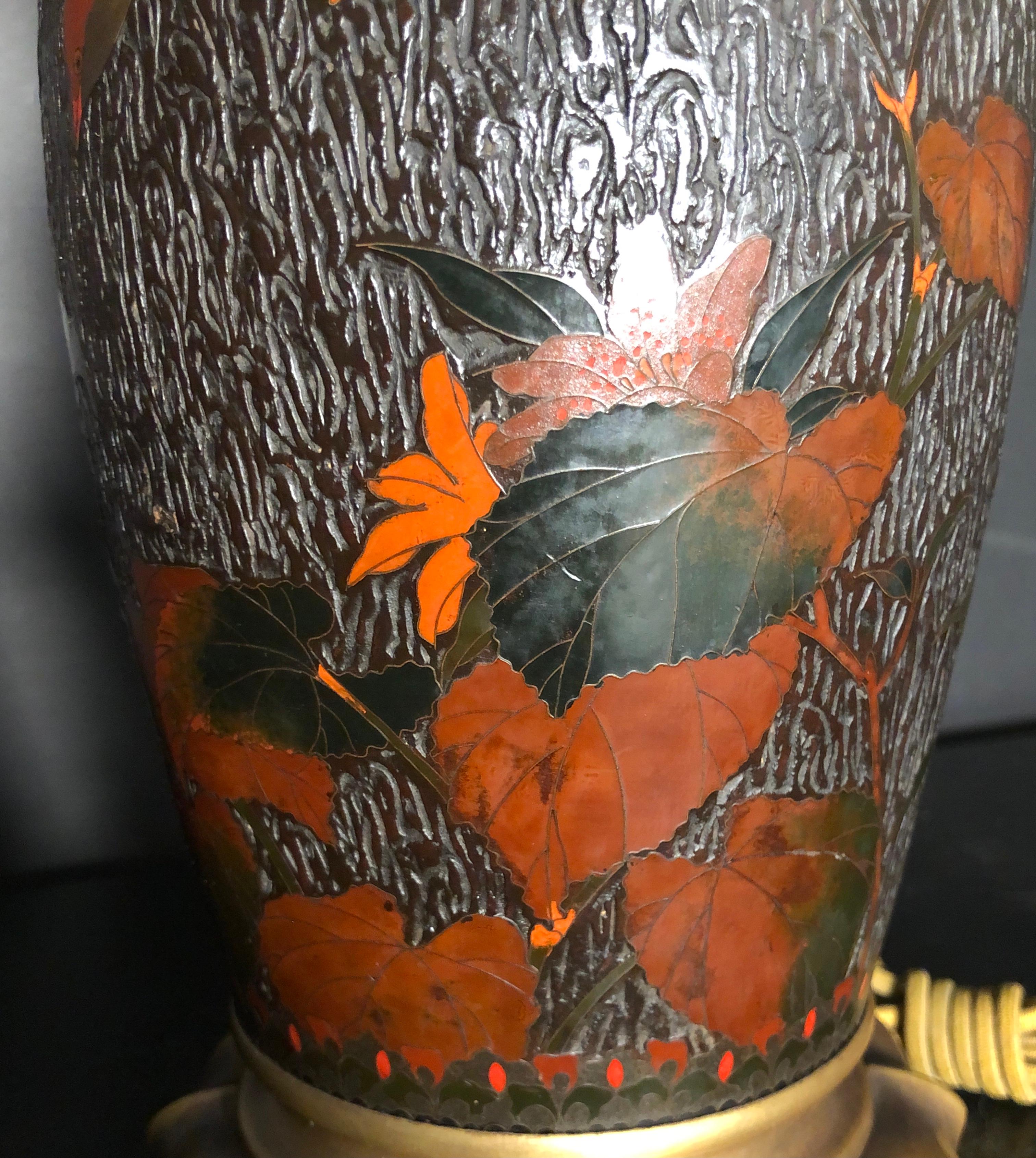 Japanese Meiji Cloisonné Totai Shippo Tree Bark Vase As Lamp For Sale 2