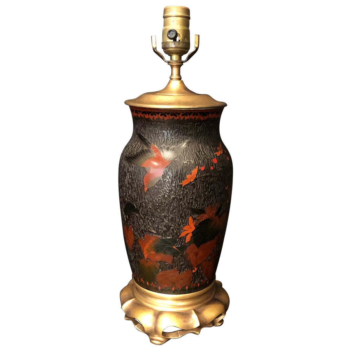 Japanese Meiji Cloisonné Totai Shippo Tree Bark Vase As Lamp