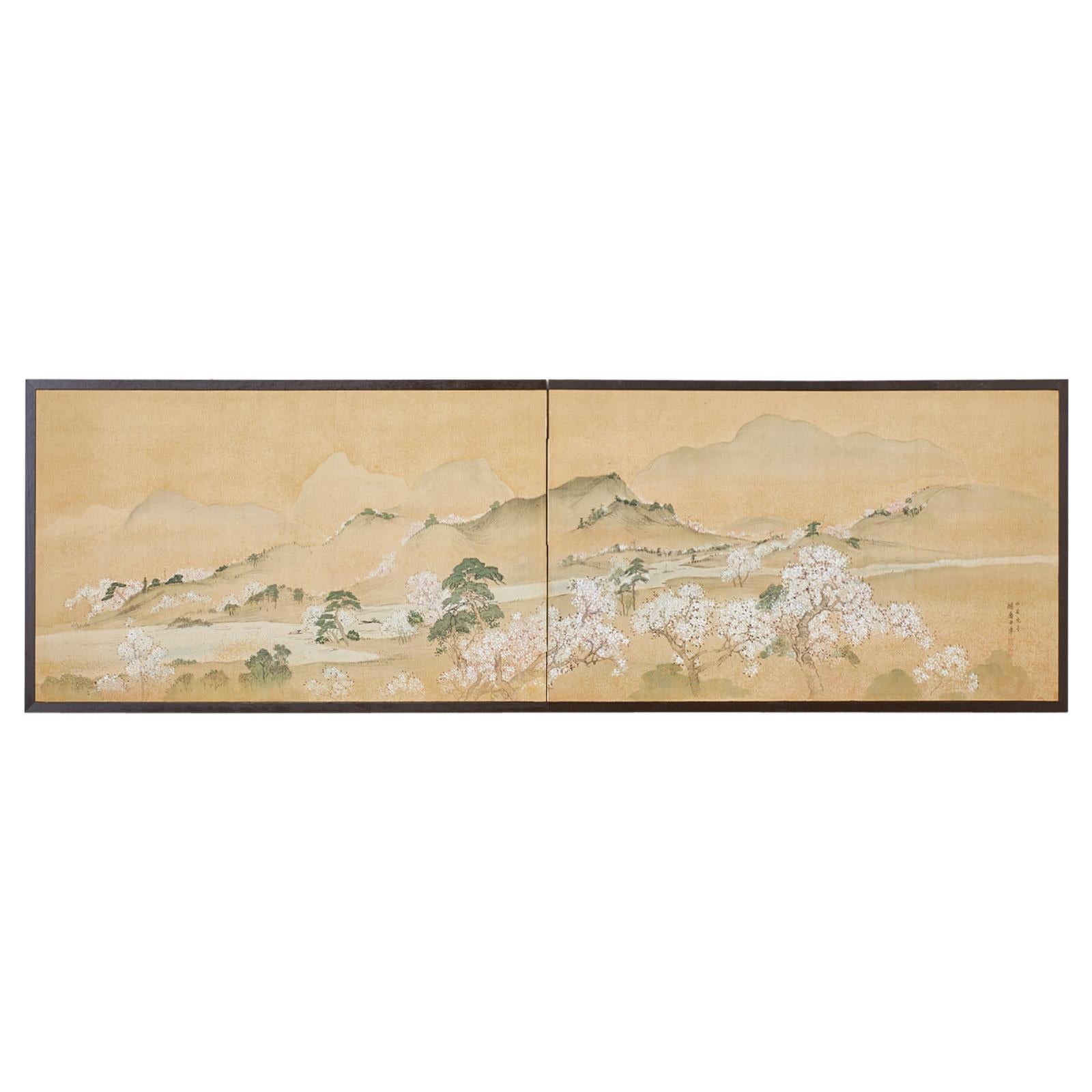 19th Century Japanese Two-Panel Screen Blossoming Cherry Trees