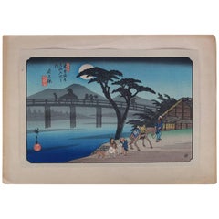 19th Century Japanese Wood Bock Print of Bridge Scene, Signed Hiroshige Utagawa