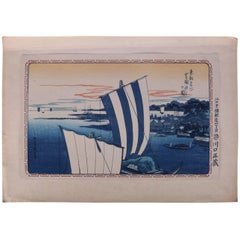 Grabado japonés en madera del siglo XIX de una escena portuaria, firmado a lápiz por Hiroshige