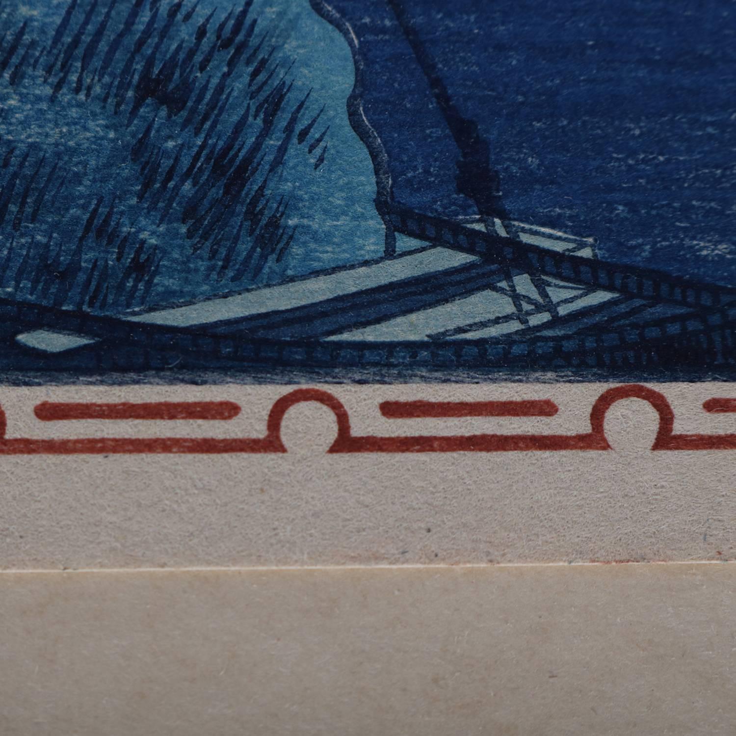 19th Century Japanese Wood Bock Print of Harbor Scene, Pencil Signed Hiroshige 3