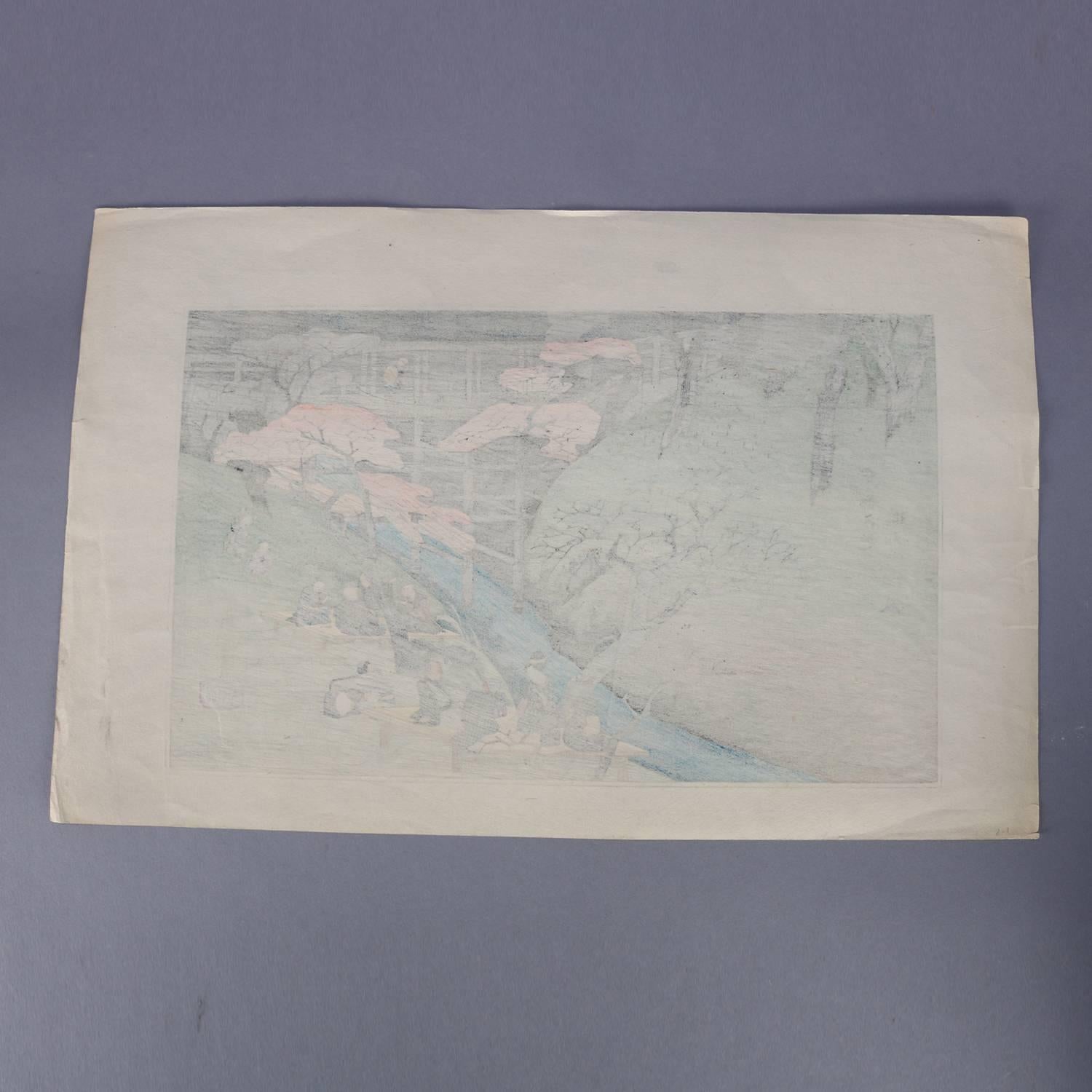 Impression japonaise en bois Bock du 19ème siècle représentant une scène de rivière, signée au crayon par Hiroshige 5