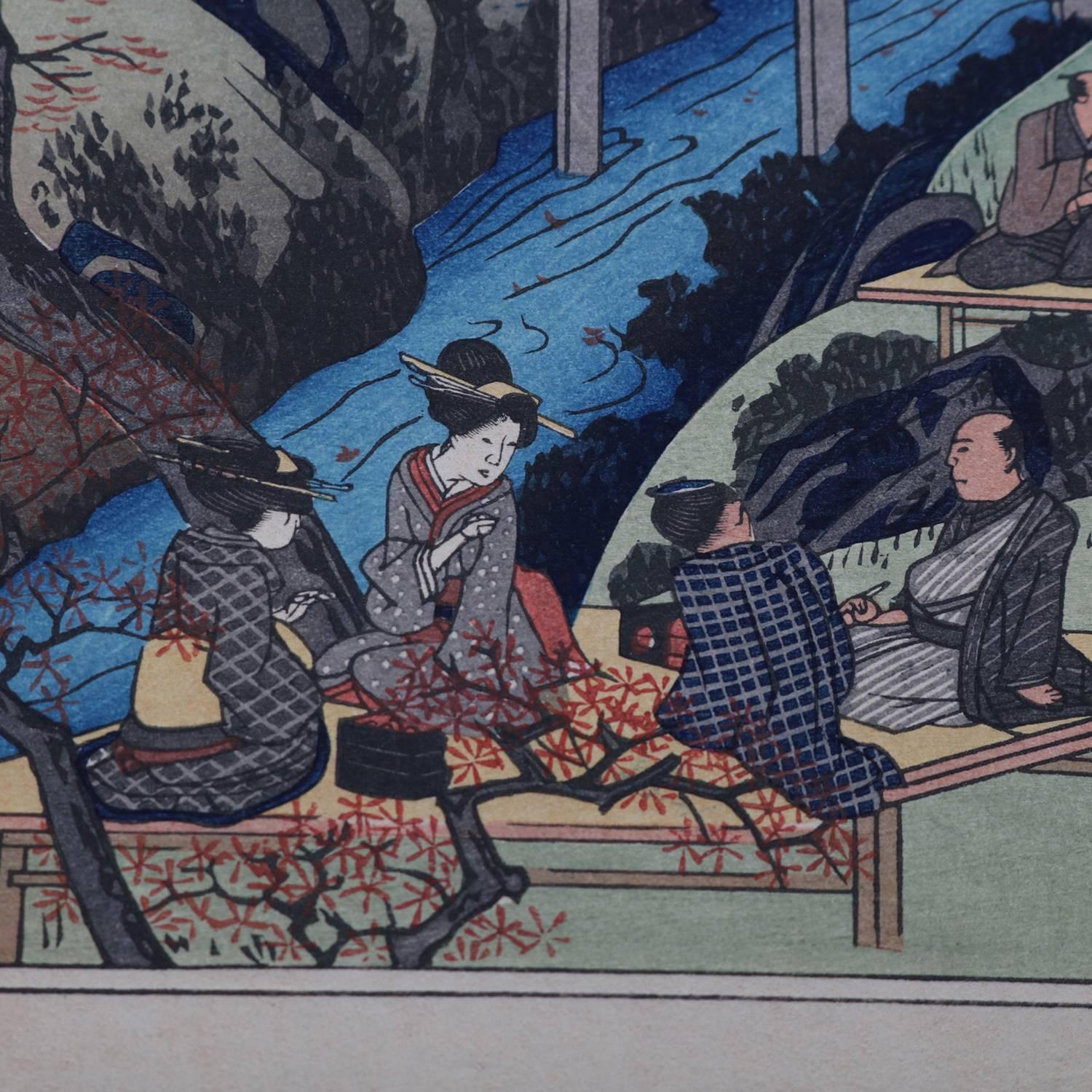 Gravure sur bois maritime japonaise ancienne de l'original par Hiroshige représentant une scène de rivière avec un pont et des villageois, signée au crayon en bas à droite par Hiroshige, marques et tampons de découpe le long des côtés, 19e
