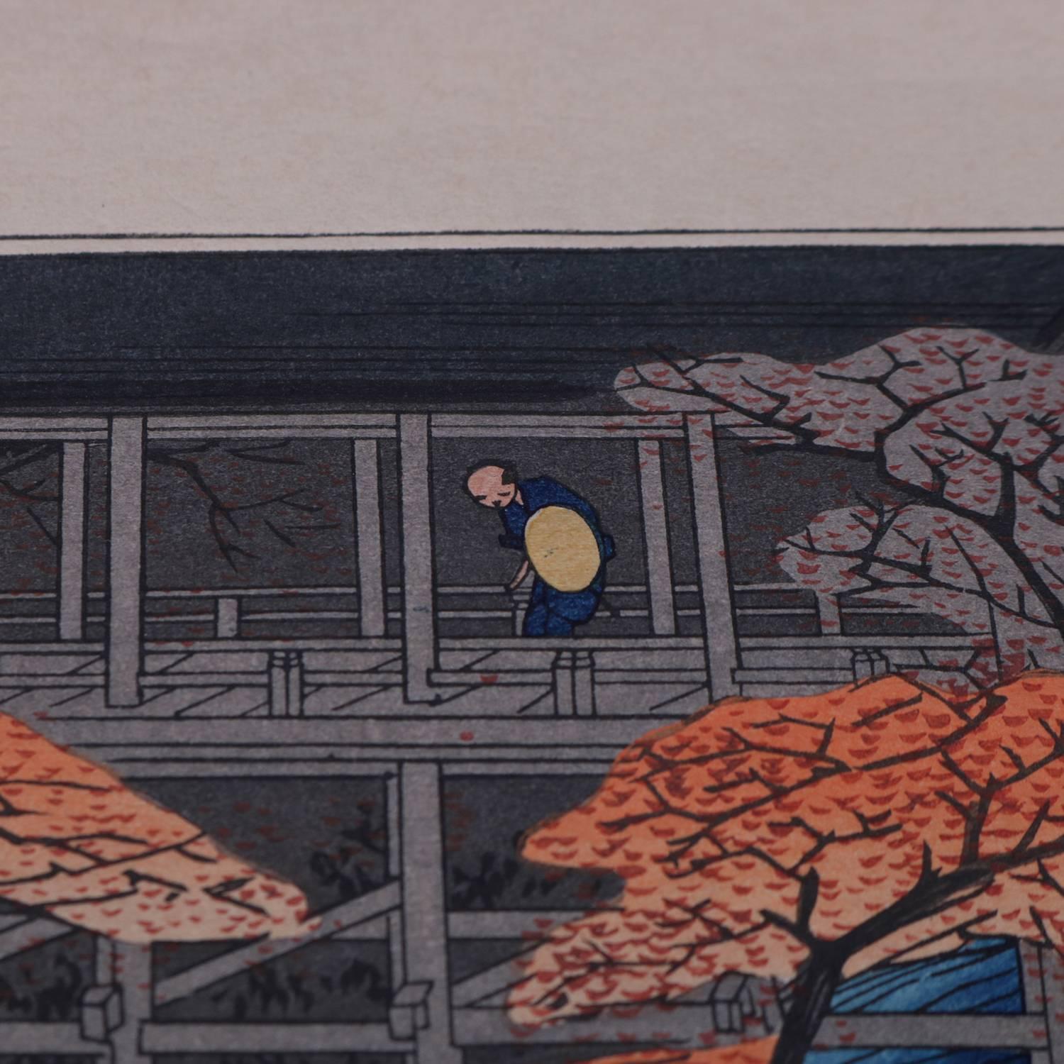 Japonais Impression japonaise en bois Bock du 19ème siècle représentant une scène de rivière, signée au crayon par Hiroshige