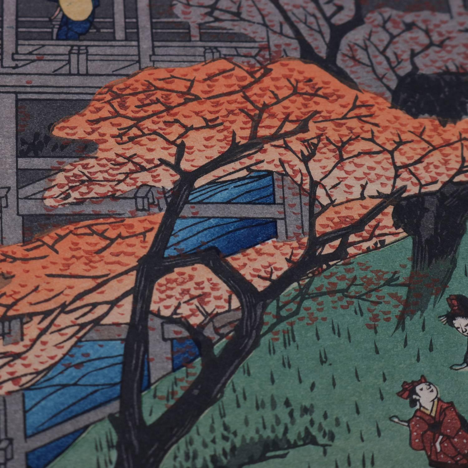 XIXe siècle Impression japonaise en bois Bock du 19ème siècle représentant une scène de rivière, signée au crayon par Hiroshige