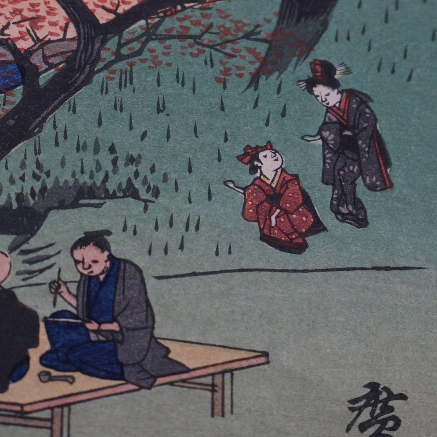 Papier Impression japonaise en bois Bock du 19ème siècle représentant une scène de rivière, signée au crayon par Hiroshige