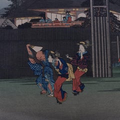 19th Century Japanese Wood Bock Print of Village Scene, Pencil Signed Hiroshige