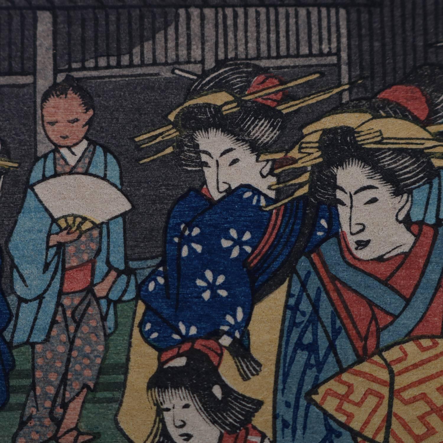 Japonais gravure sur bois japonaise du 19ème siècle d'une scène de village:: signée au crayon Hiroshige
