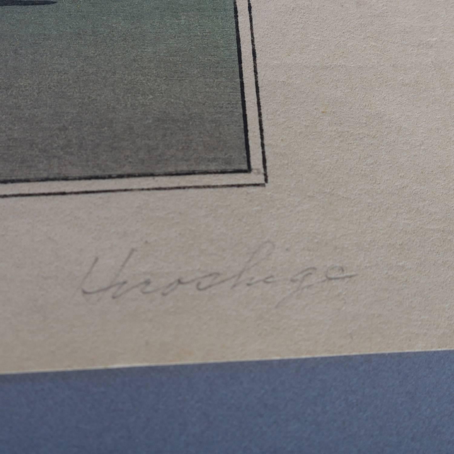 Papier gravure sur bois japonaise du 19ème siècle d'une scène de village:: signée au crayon Hiroshige