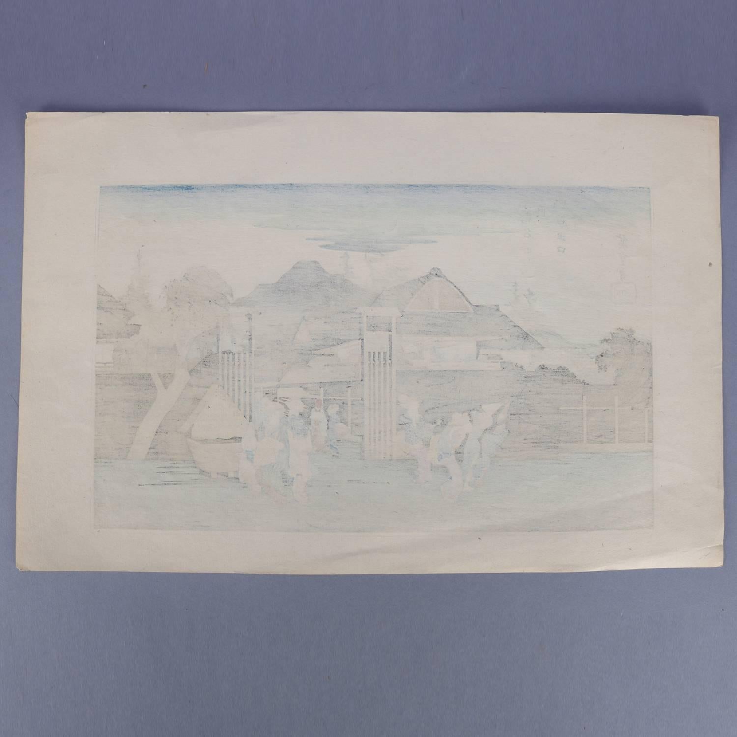 gravure sur bois japonaise du 19ème siècle d'une scène de village:: signée au crayon Hiroshige 1
