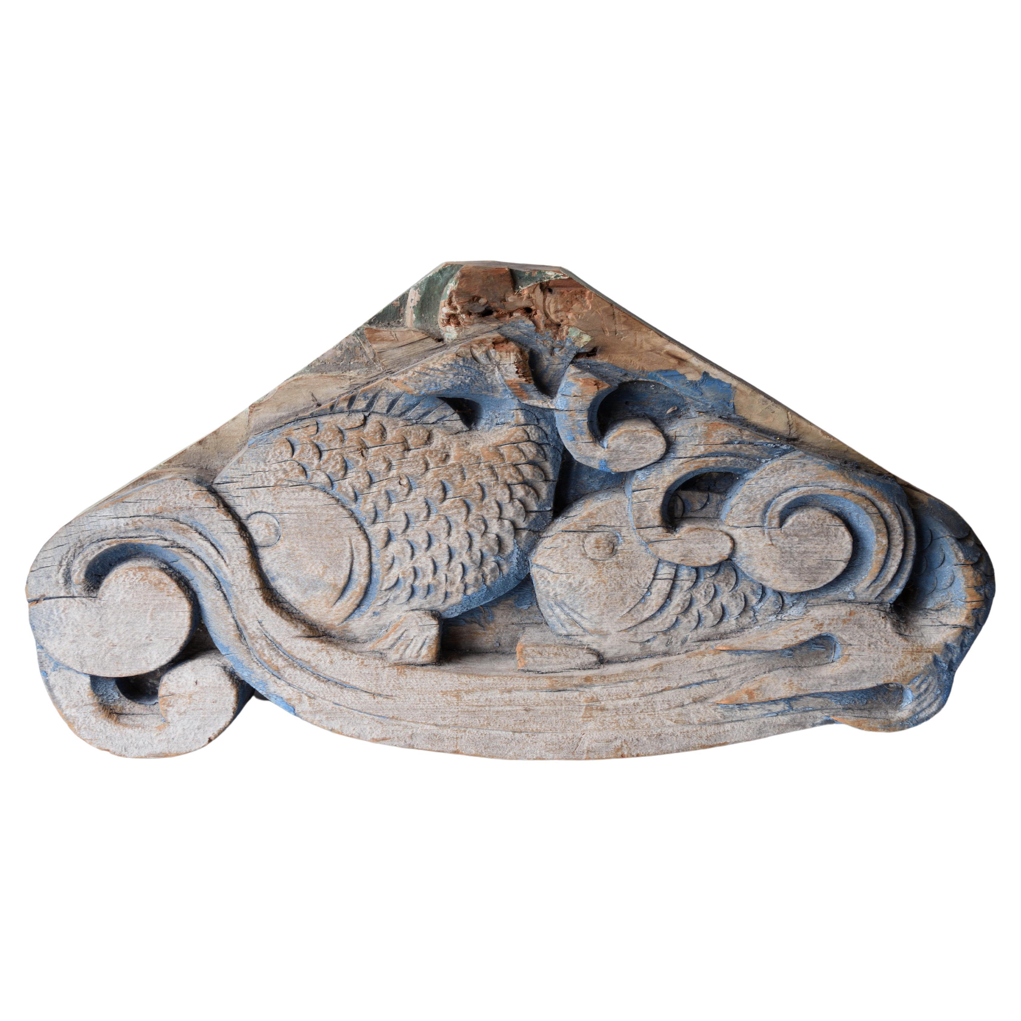 19th century Japanese Wood Carving Temple Shrine Sea Breams and Wave Decoration