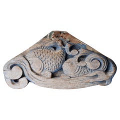 19th century Japanese Wood Carving Temple Shrine Sea Breams and Wave Decoration