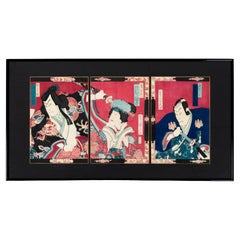 19th Century Japanese Woodblock Framed Triptych Scene Of A Kabuki Performance