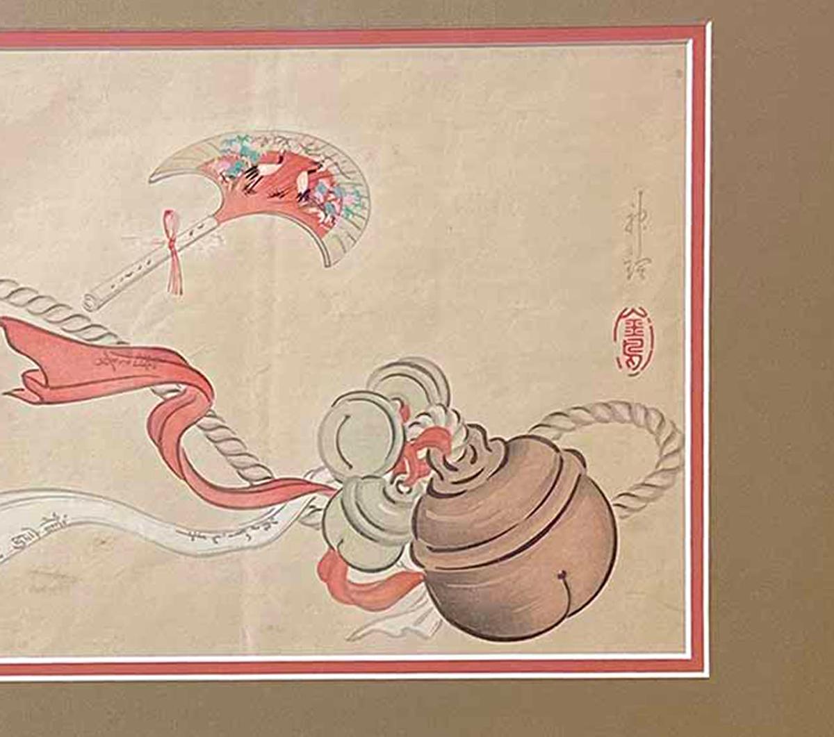 Japonais Impression sur bois japonaise du 19ème siècle représentant un pompon de cérémonie et un éventail en vente