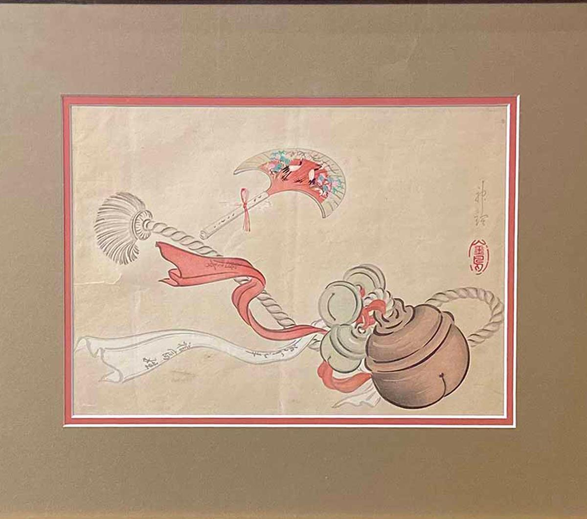 XIXe siècle Impression sur bois japonaise du 19ème siècle représentant un pompon de cérémonie et un éventail en vente