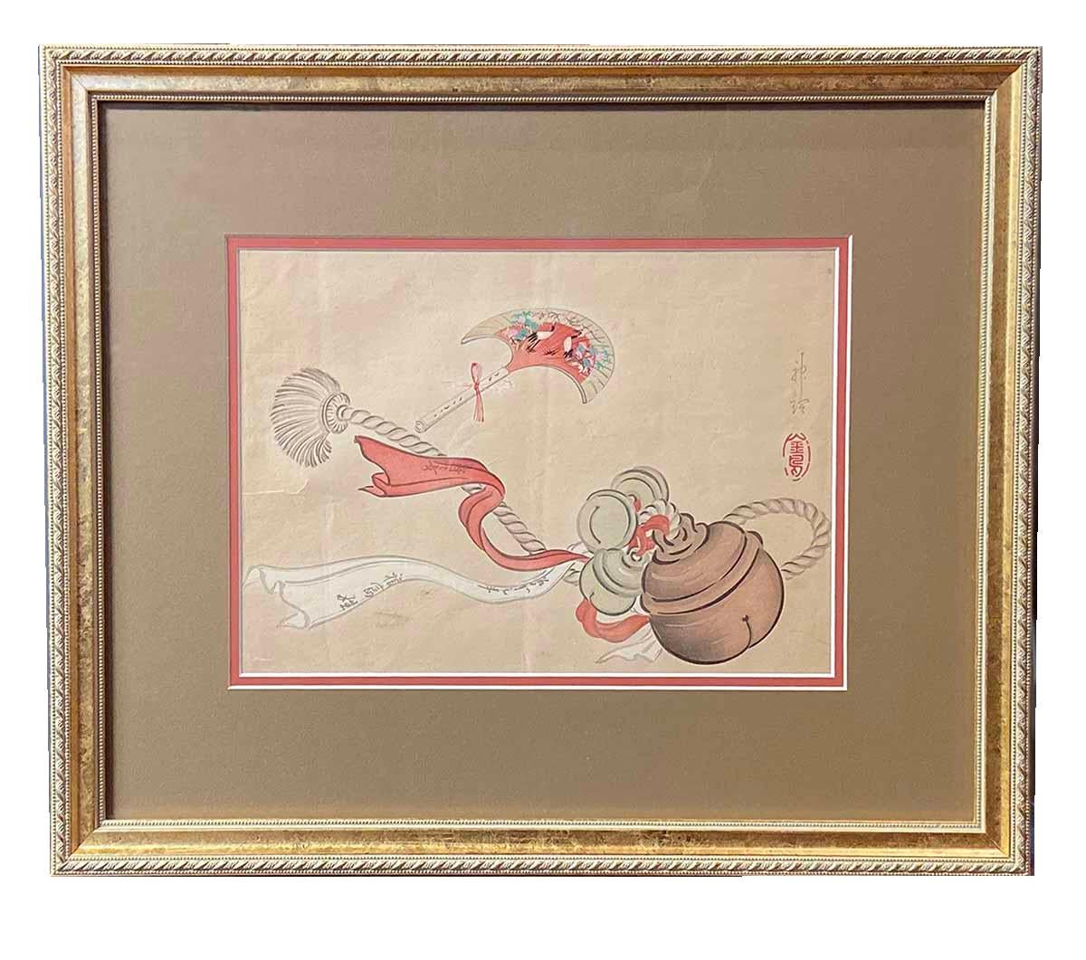 Verre Impression sur bois japonaise du 19ème siècle représentant un pompon de cérémonie et un éventail en vente