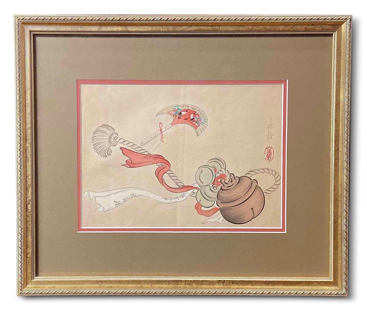 Impression sur bois japonaise du 19ème siècle représentant un pompon de cérémonie et un éventail en vente 1