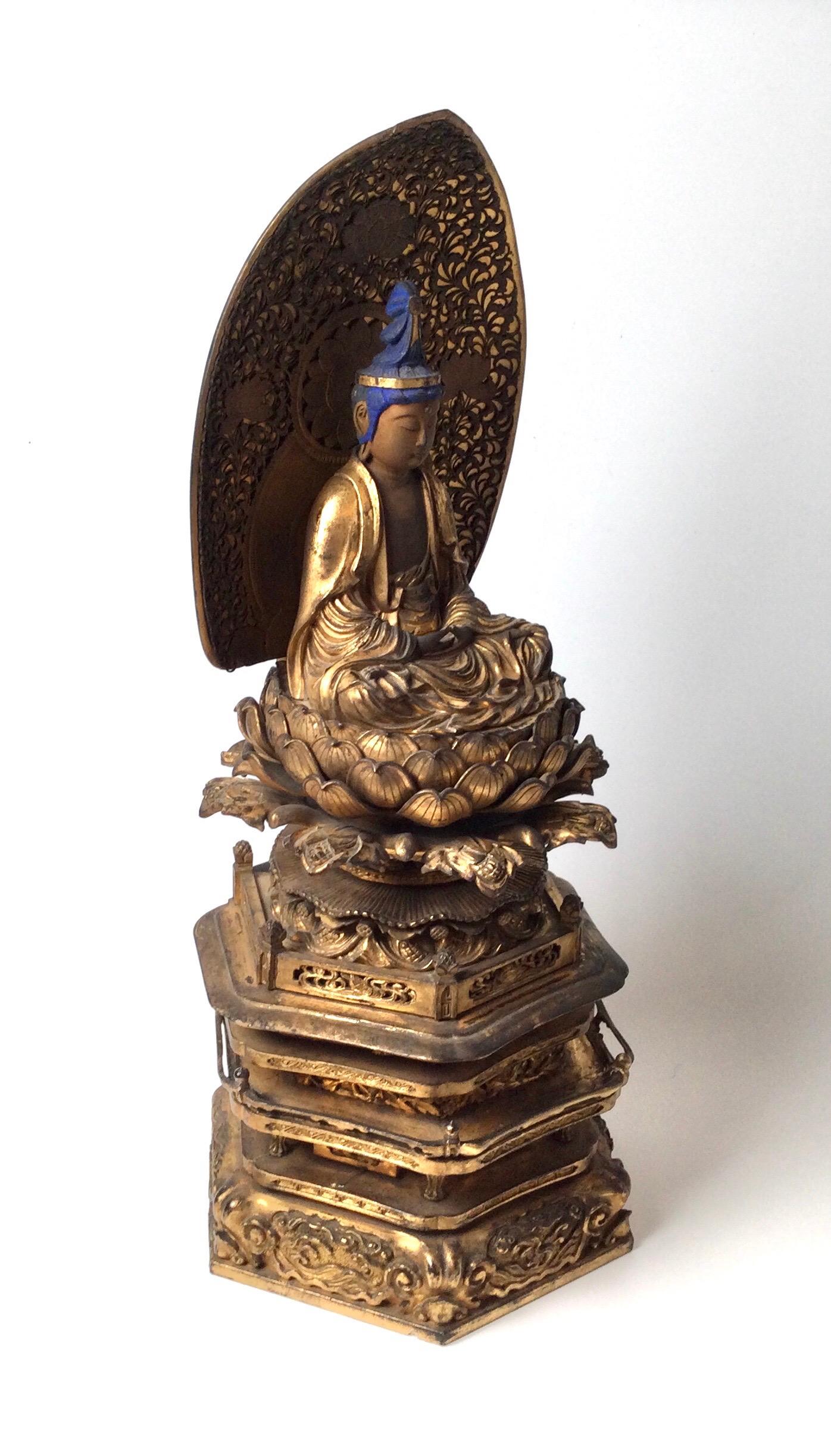 19th Century Japanese Carved Wood Polychromed Shrine Buddha 1
