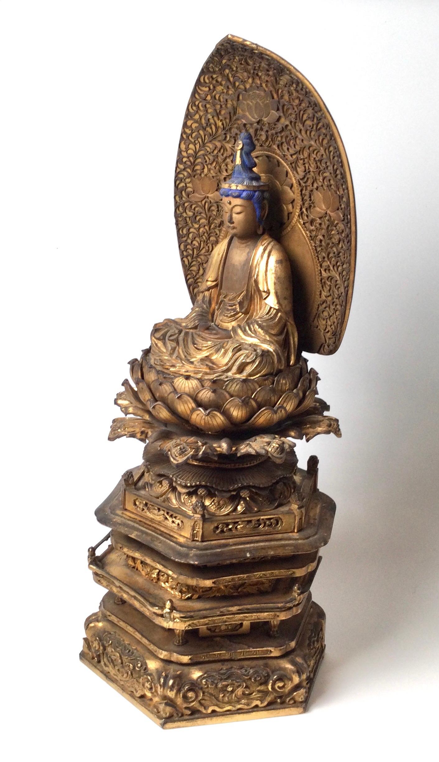 19th Century Japanese Carved Wood Polychromed Shrine Buddha 2