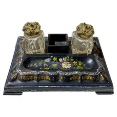 19th Century Japanned English Victorian Papier Mâché Mother of Pearl Desk Set