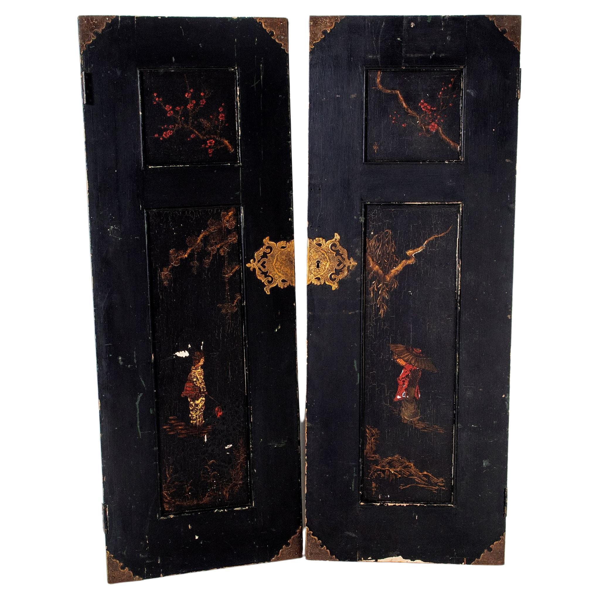 19th Century Japanned Panelled Ebonised Black Doors with Chinoiserie Decor