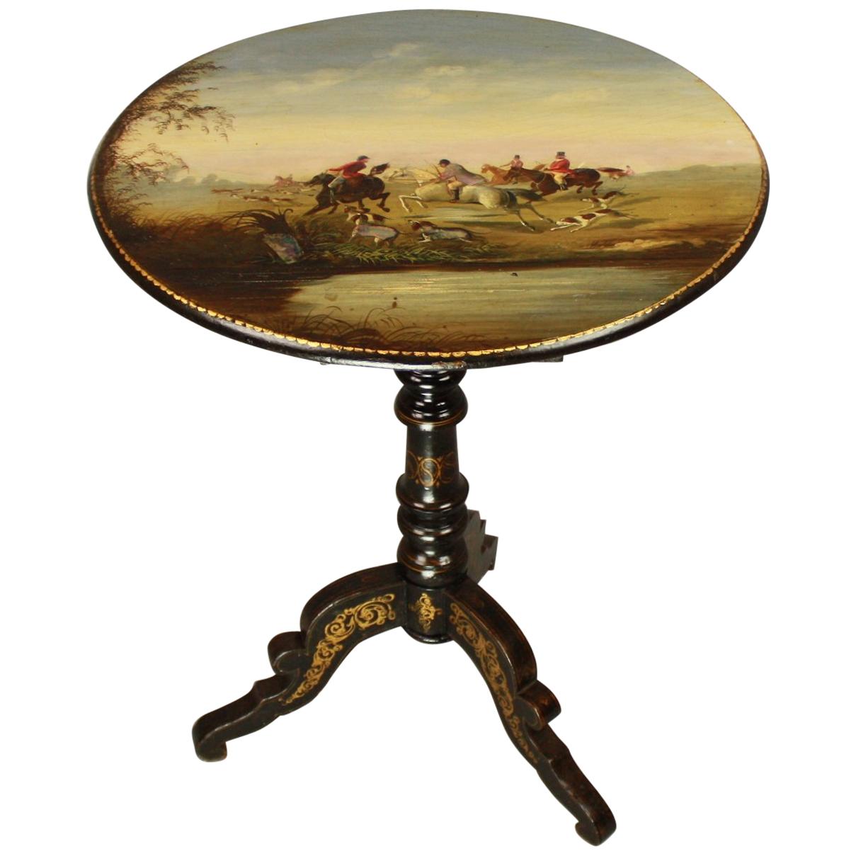 French 19th Century Napoleon III Japanned Salon Side Table with Foxhunting Scene