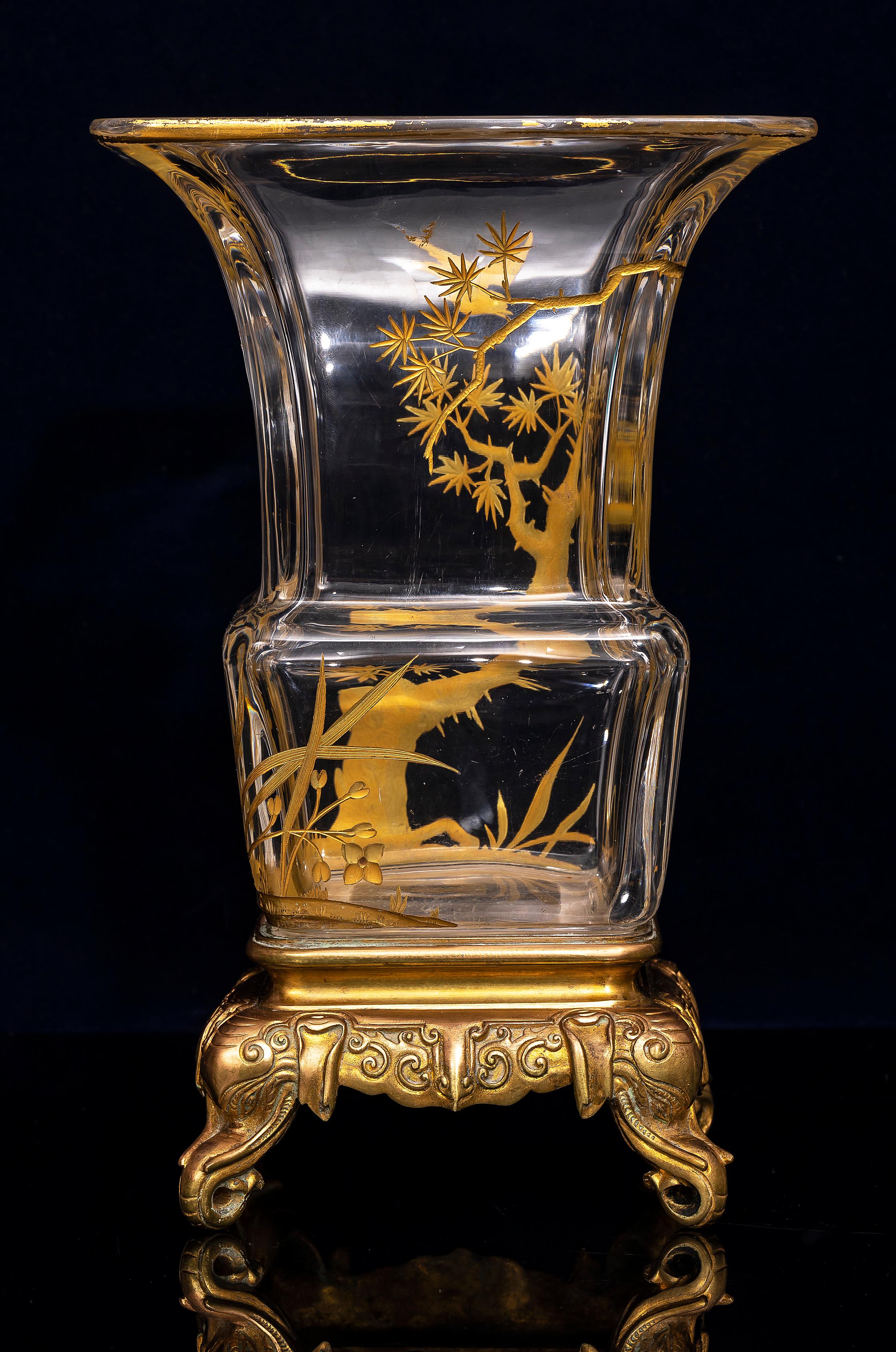 French 19th Century Japonism Ormolu Mounted Signed Baccarat Crystal Vase by Lievre