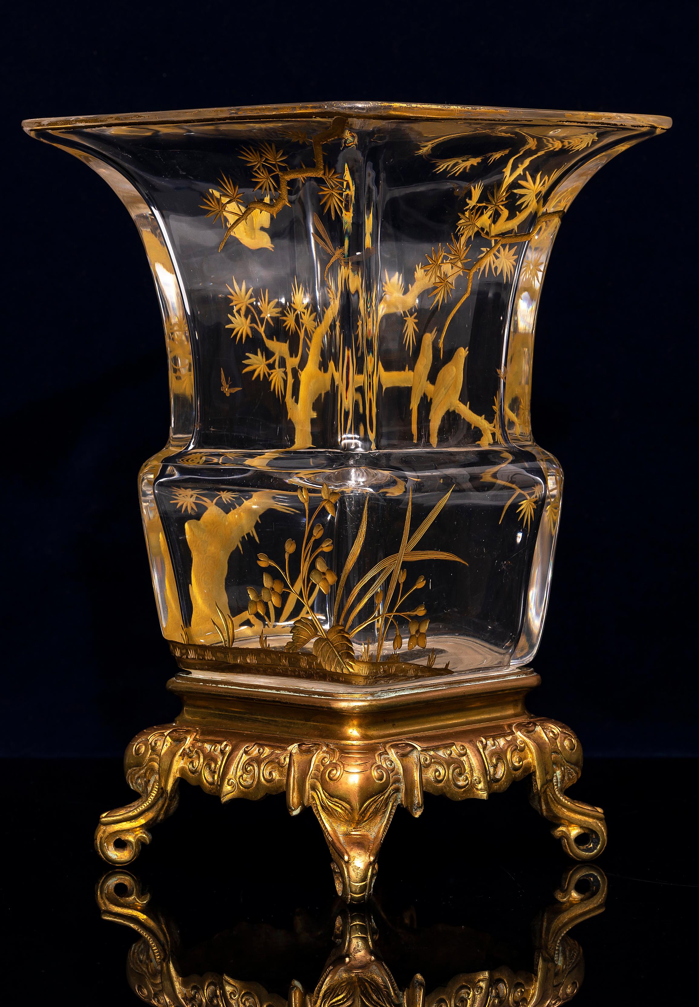 Hand-Crafted 19th Century Japonism Ormolu Mounted Signed Baccarat Crystal Vase by Lievre