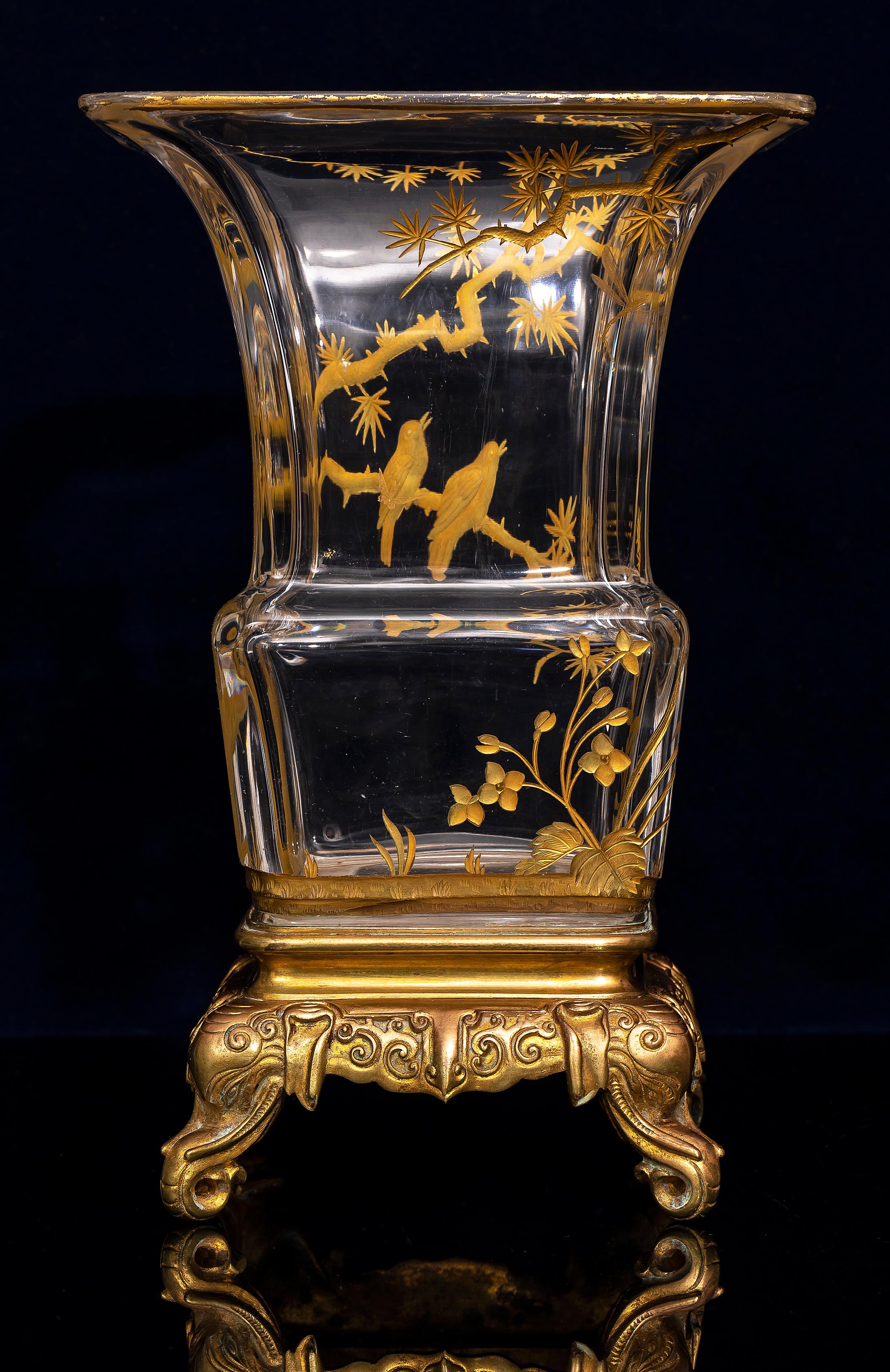 19th Century Japonism Ormolu Mounted Signed Baccarat Crystal Vase by Lievre In Good Condition In New York, NY